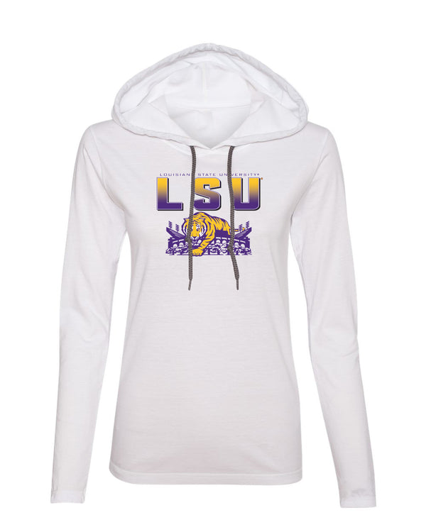 Women's LSU Tigers Long Sleeve Hooded Tee Shirt - LSU Tiger Stadium Full Color Fade