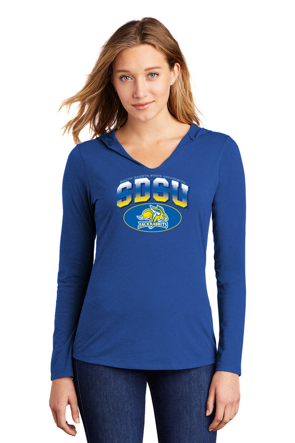 Women's South Dakota State Jackrabbits Long Sleeve Hooded Tee Shirt - SDSU Full Color Fade Plus Primary Logo