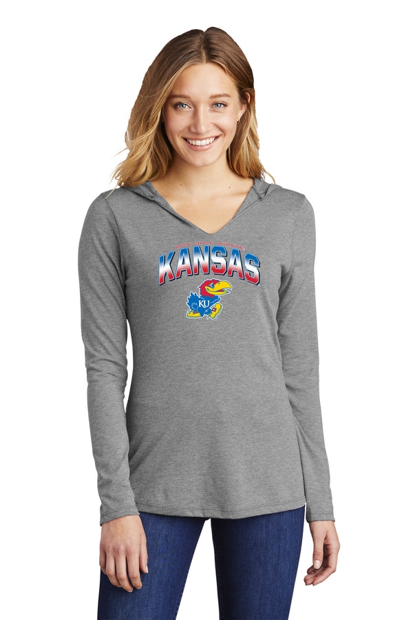 Women's Kansas Jayhawks Long Sleeve Hooded Tee Shirt - Full Color Fade Kansas Logo