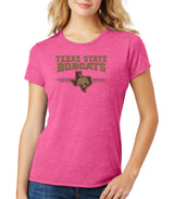 Women's Texas State Bobcats Premium Tri-Blend Tee Shirt - 3 Stripe State Outline Logo