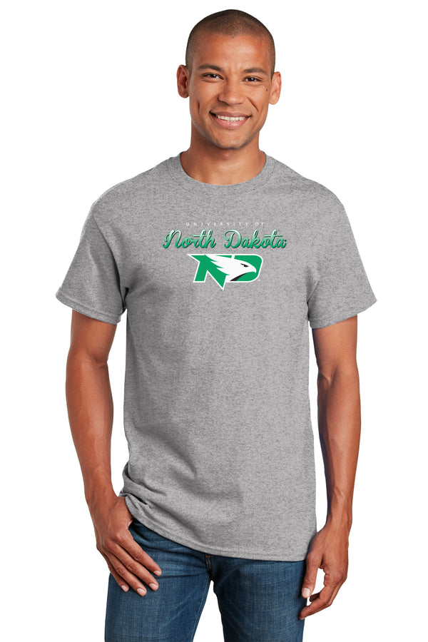 North Dakota Fighting Hawks Tee Shirt - Full Color Script Fade Primary Logo