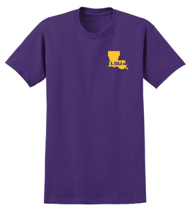 LSU Tigers Tee Shirt - Gold Ink State Shape