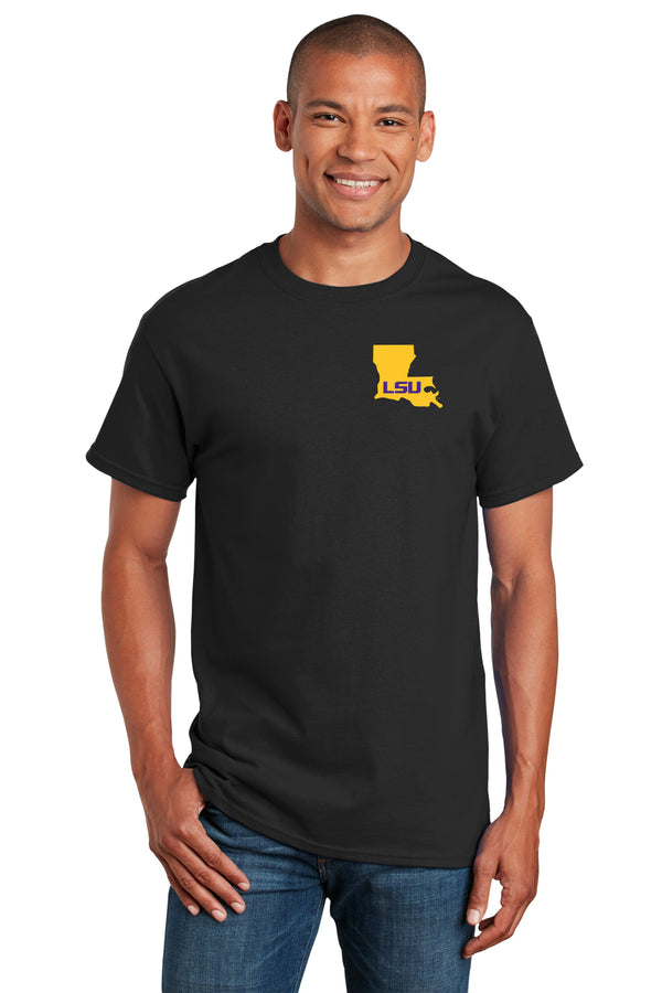 LSU Tigers Tee Shirt - Gold Ink State Shape