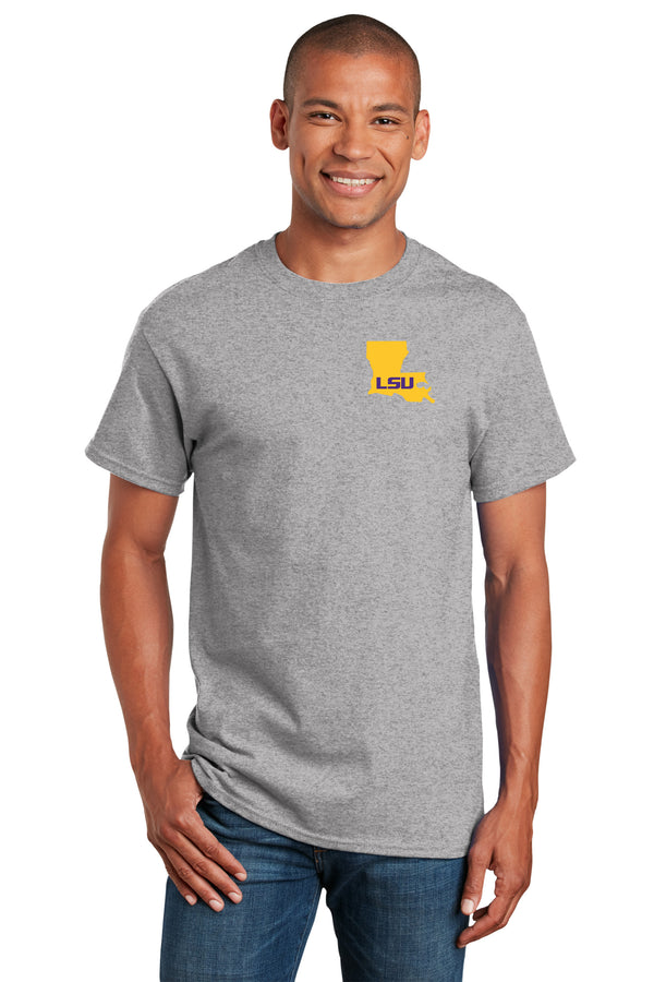 LSU Tigers Tee Shirt - Gold Ink State Shape