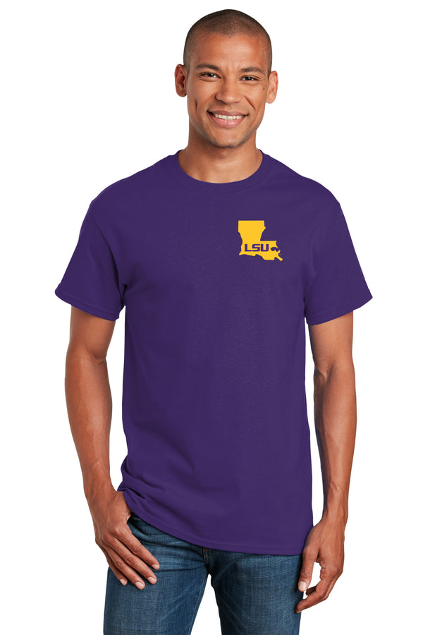 LSU Tigers Tee Shirt - Gold Ink State Shape