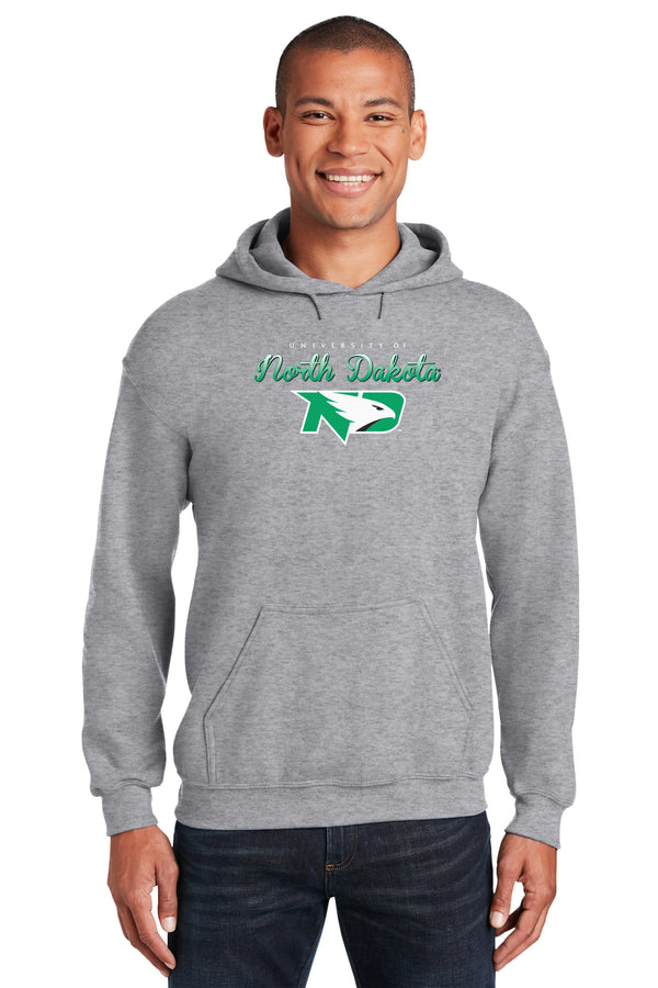 North Dakota Fighting Hawks Hooded Sweatshirt - Full Color Script Fade Primary Logo