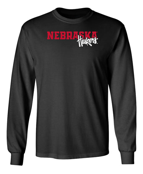 Nebraska Huskers Long Sleeve Tee Shirt - Script Huskers Overlap Nebraska