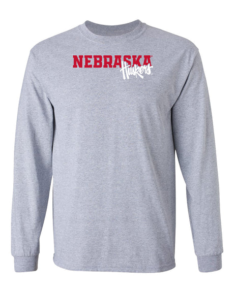 Nebraska Huskers Long Sleeve Tee Shirt - Script Huskers Overlap Nebraska