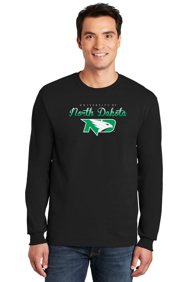 North Dakota Fighting Hawks Long Sleeve Tee Shirt - Full Color Script Fade Primary Logo