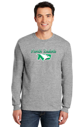 North Dakota Fighting Hawks Long Sleeve Tee Shirt - Full Color Script Fade Primary Logo