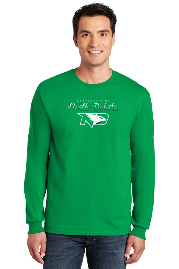 North Dakota Fighting Hawks Long Sleeve Tee Shirt - Full Color Script Fade Primary Logo