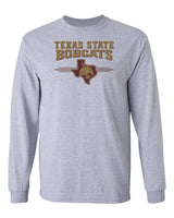 Texas State Bobcats Long Sleeve Tee Shirt - 3 Stripe State Outline Logo