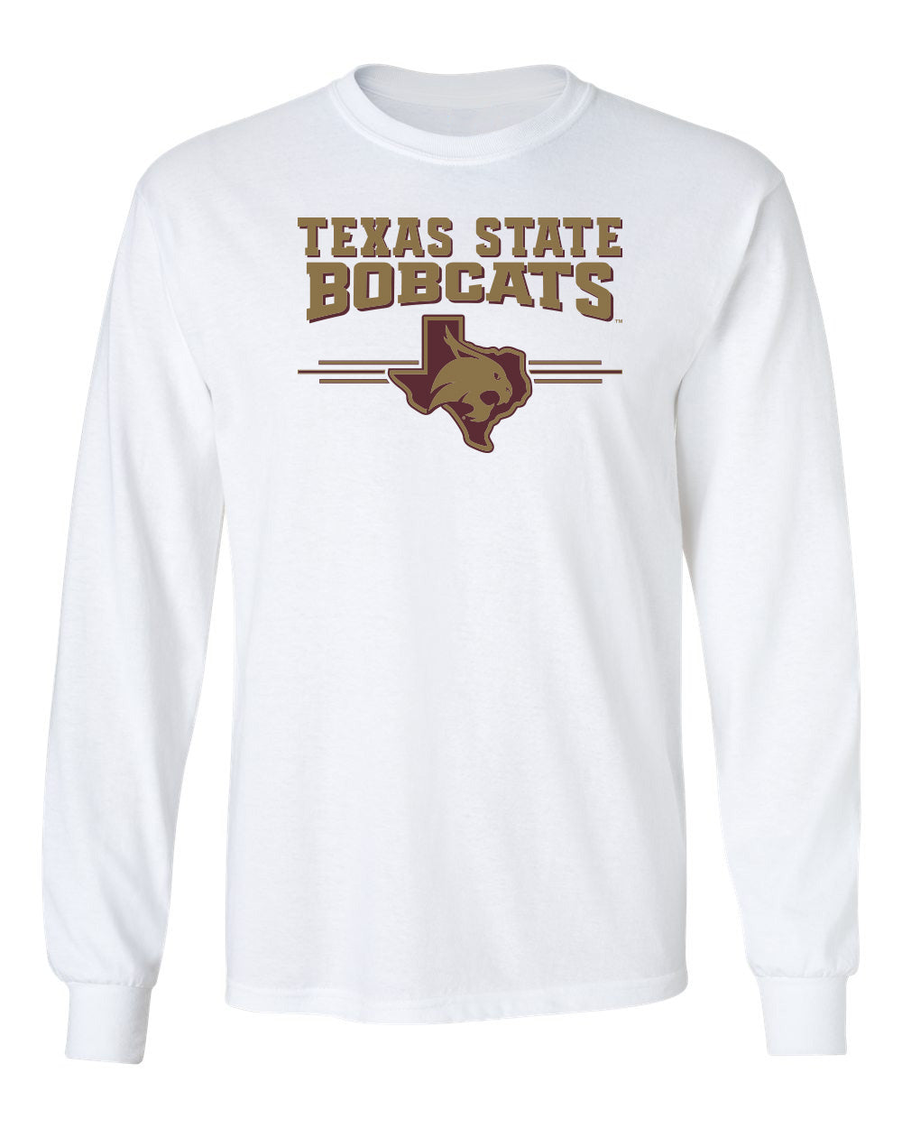 Texas State Bobcats Long Sleeve Tee Shirt - 3 Stripe State Outline Logo