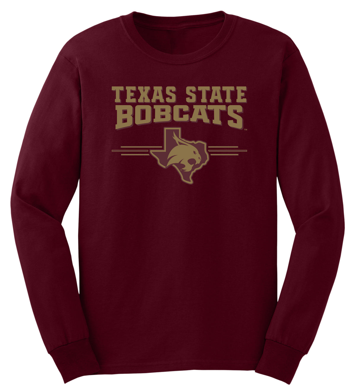 Texas State Bobcats Long Sleeve Tee Shirt - 3 Stripe State Outline Logo