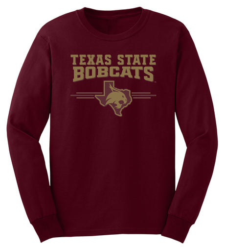 Texas State Bobcats Long Sleeve Tee Shirt - 3 Stripe State Outline Logo