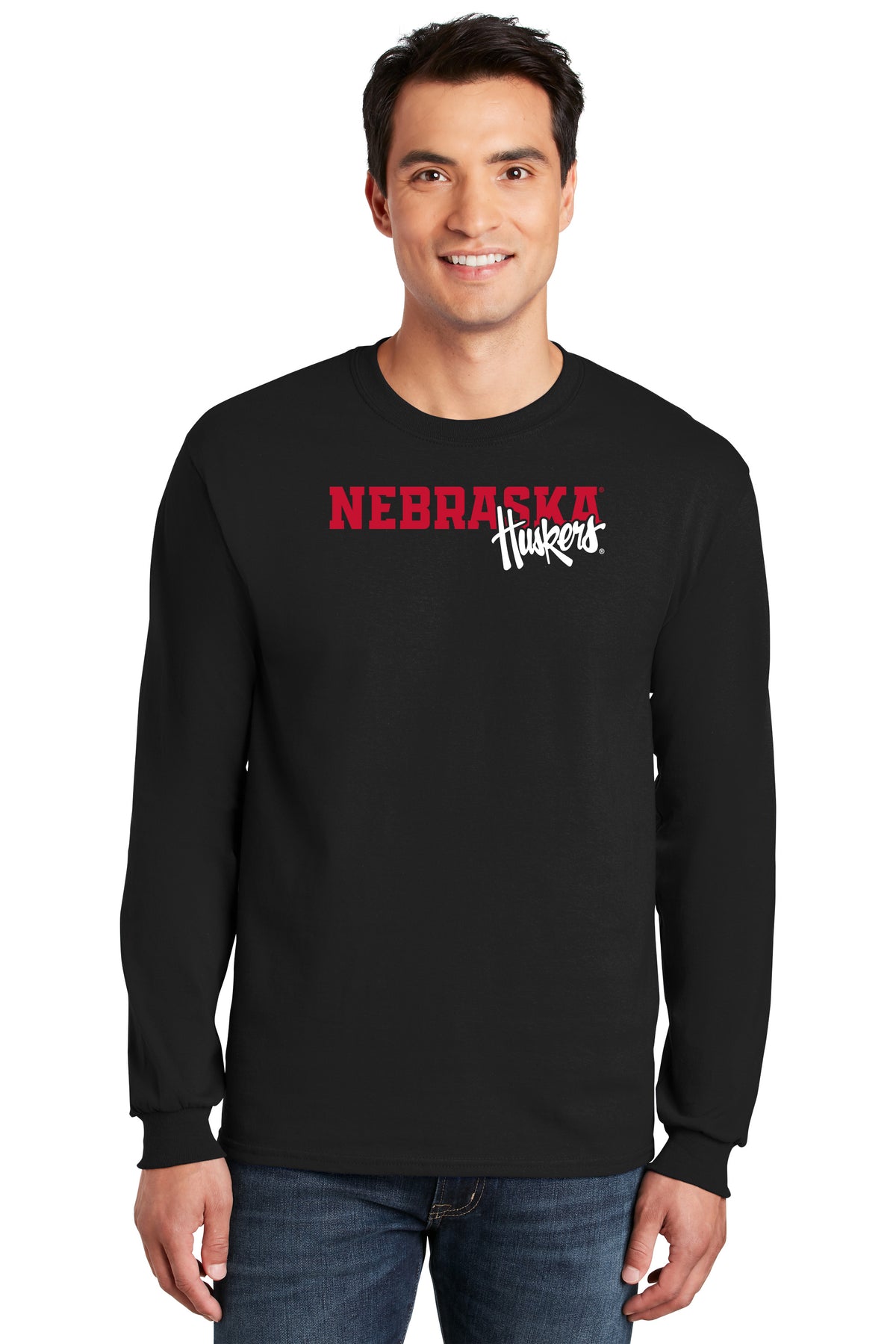 Nebraska Huskers Long Sleeve Tee Shirt - Script Huskers Overlap Nebraska