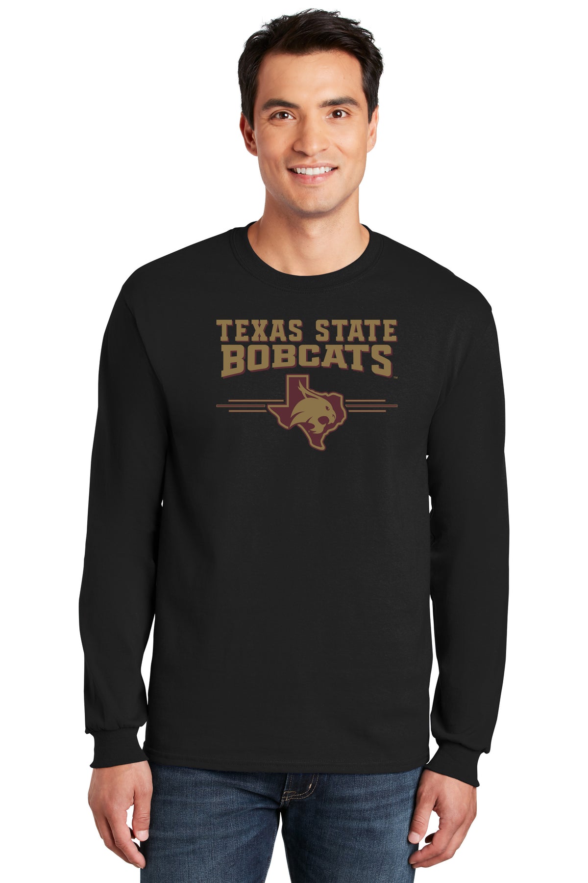 Texas State Bobcats Long Sleeve Tee Shirt - 3 Stripe State Outline Logo
