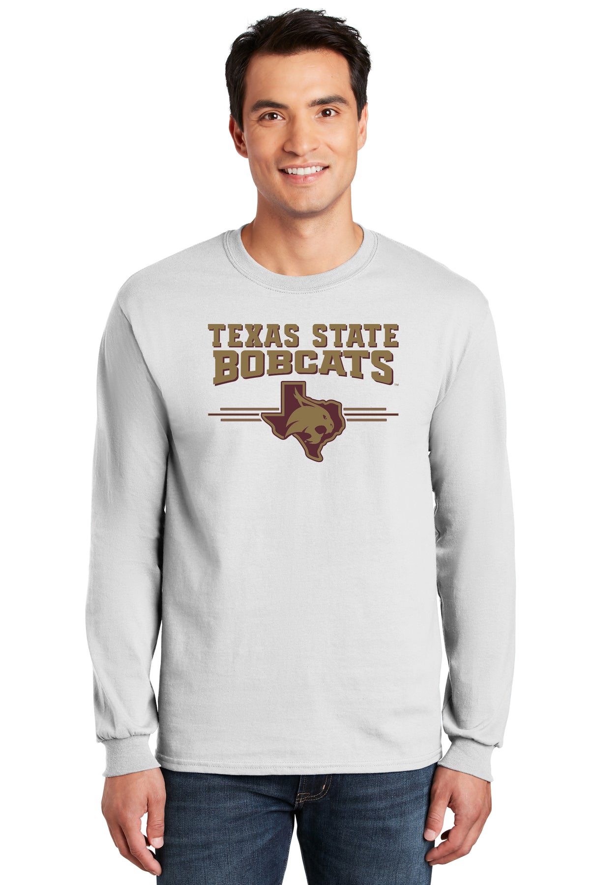 Texas State Bobcats Long Sleeve Tee Shirt - 3 Stripe State Outline Logo