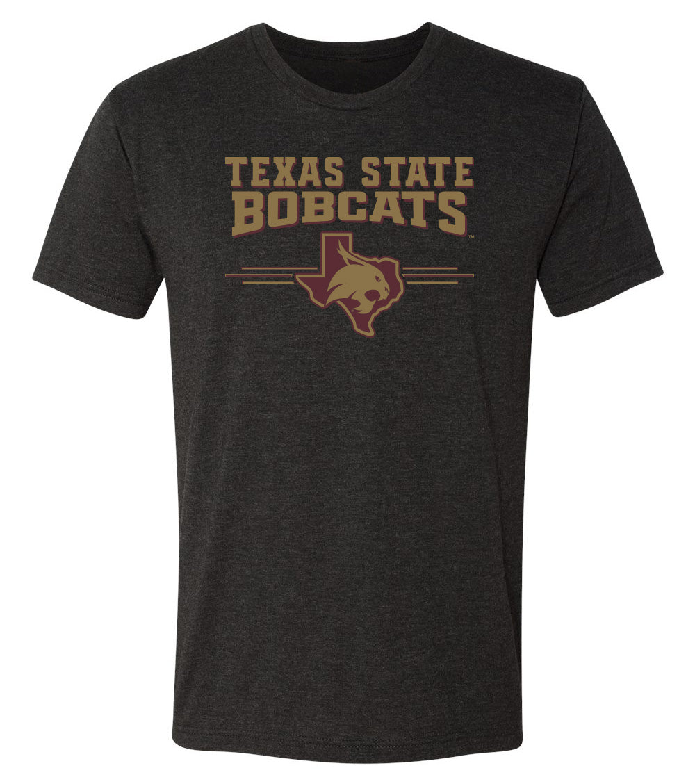 Texas State Bobcats Premium Tri-Blend Tee Shirt - 3 Stripe State Outline Logo