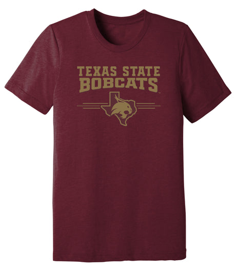 Texas State Bobcats Premium Tri-Blend Tee Shirt - 3 Stripe State Outline Logo