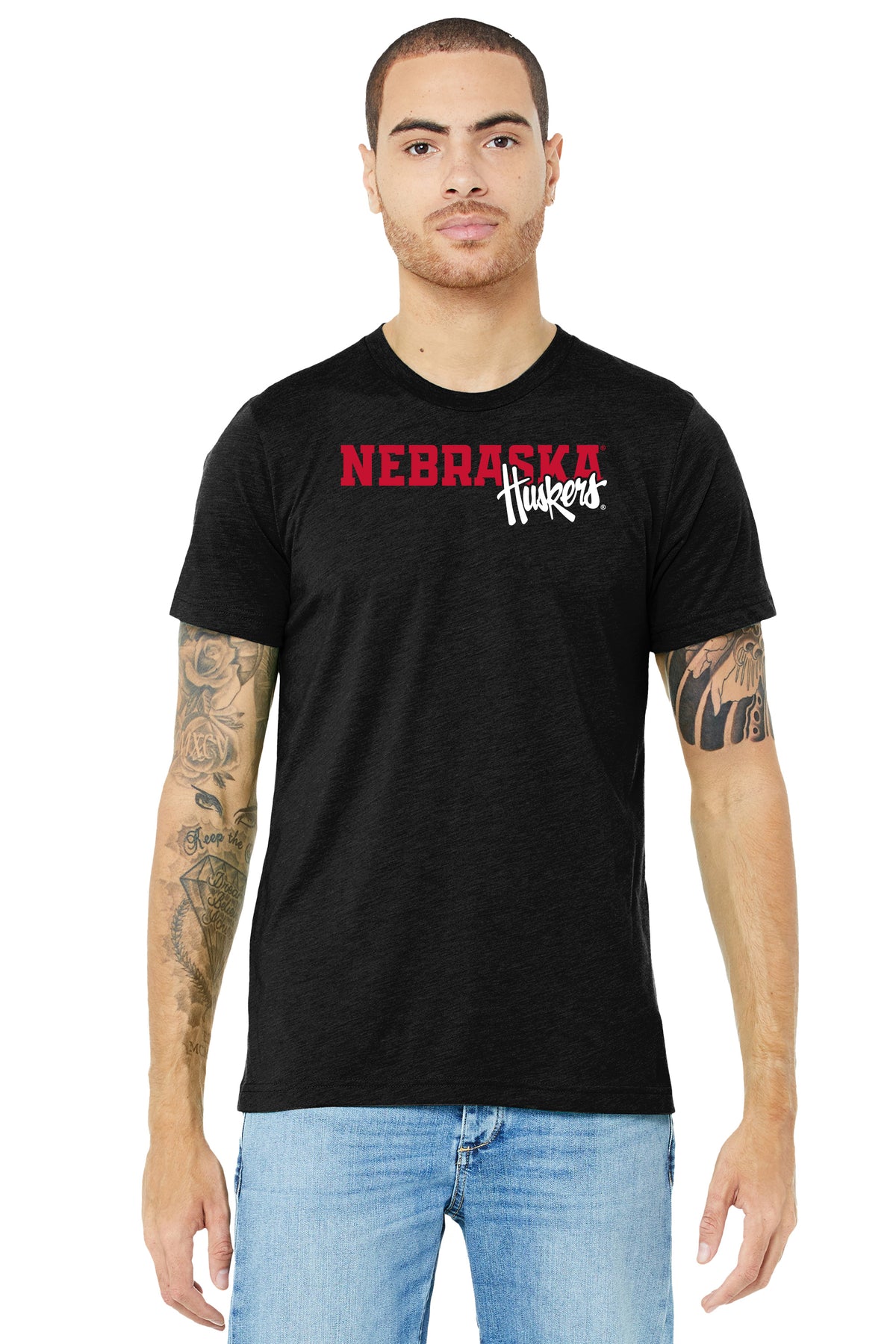 Nebraska Huskers Premium Tri-Blend Tee Shirt - Script Huskers Overlap Nebraska