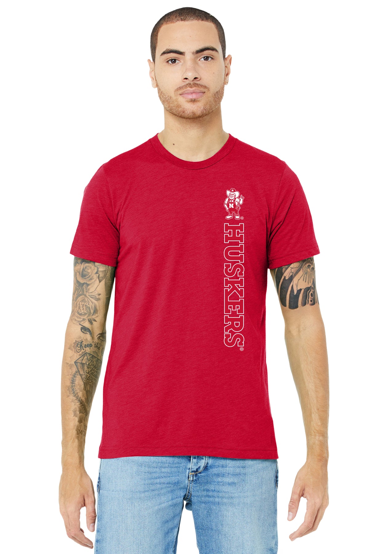 Nebraska Huskers Premium Tri-Blend Tee Shirt - Vertical Huskers Herbie Husker