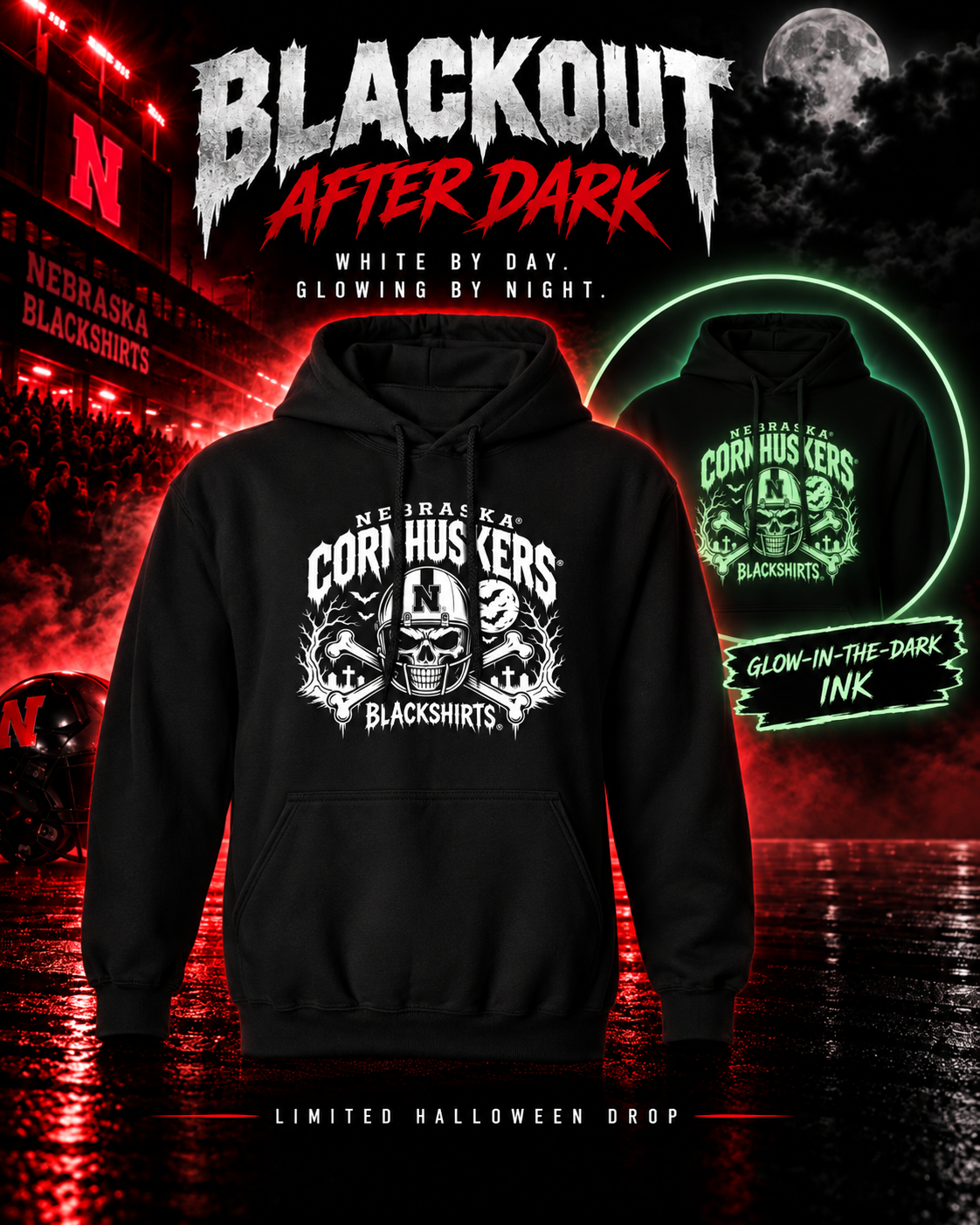 Nebraska Blackout Glow-in-the-Dark Hooded Sweatshirt – Blackout Blackshirts
