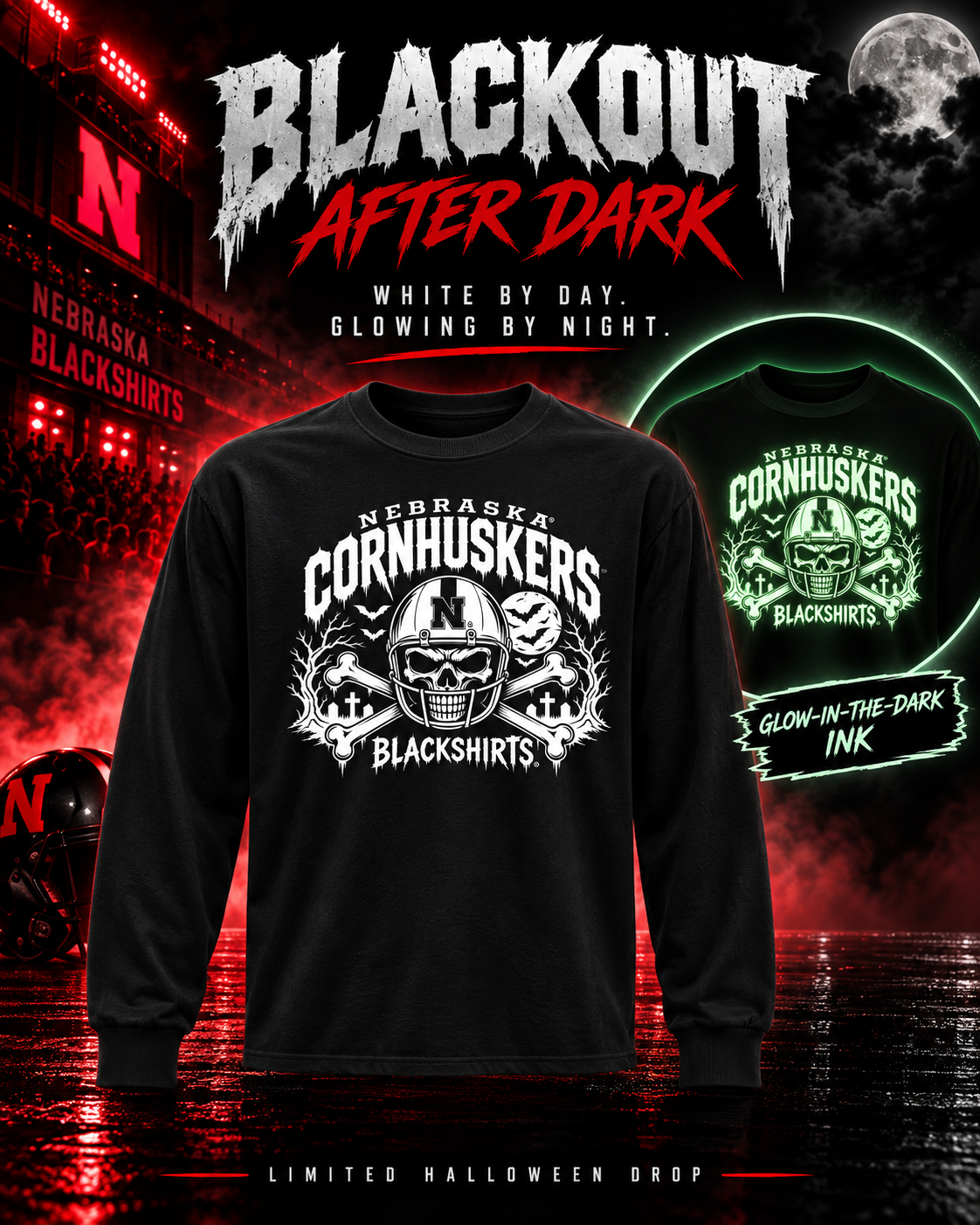 Nebraska Blackout Glow-in-the-Dark Long Sleeve Tee Shirt – Blackout Blackshirts