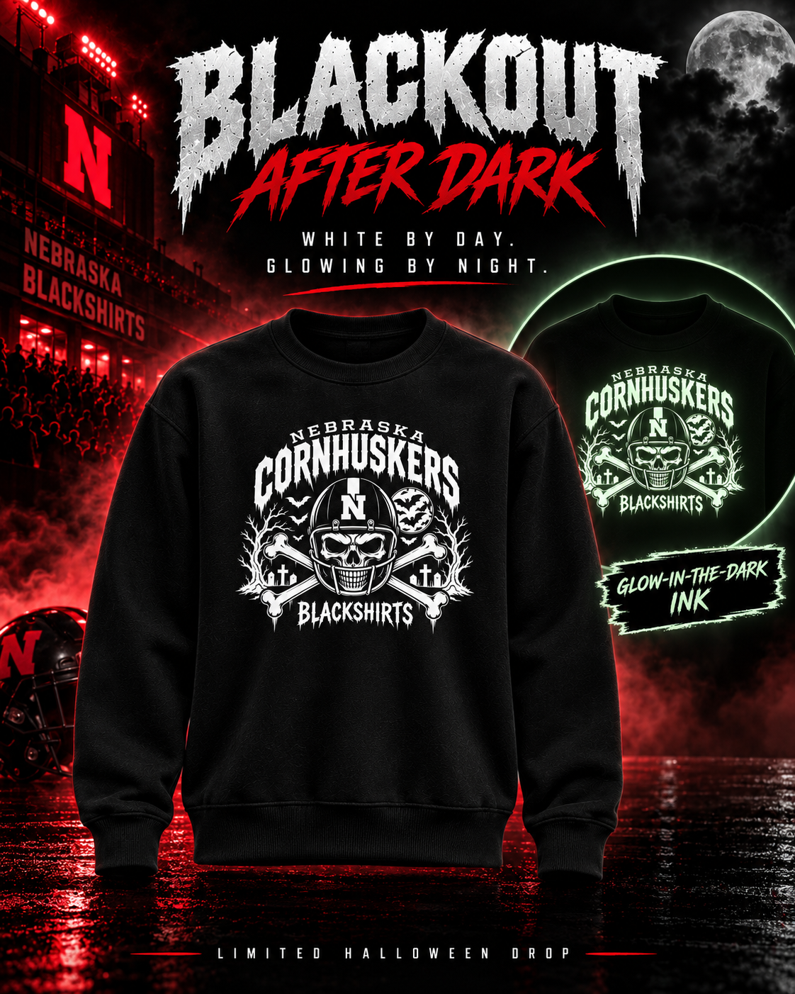 Nebraska Blackout Glow-in-the-Dark Crewneck Sweatshirt – Blackout Blackshirts