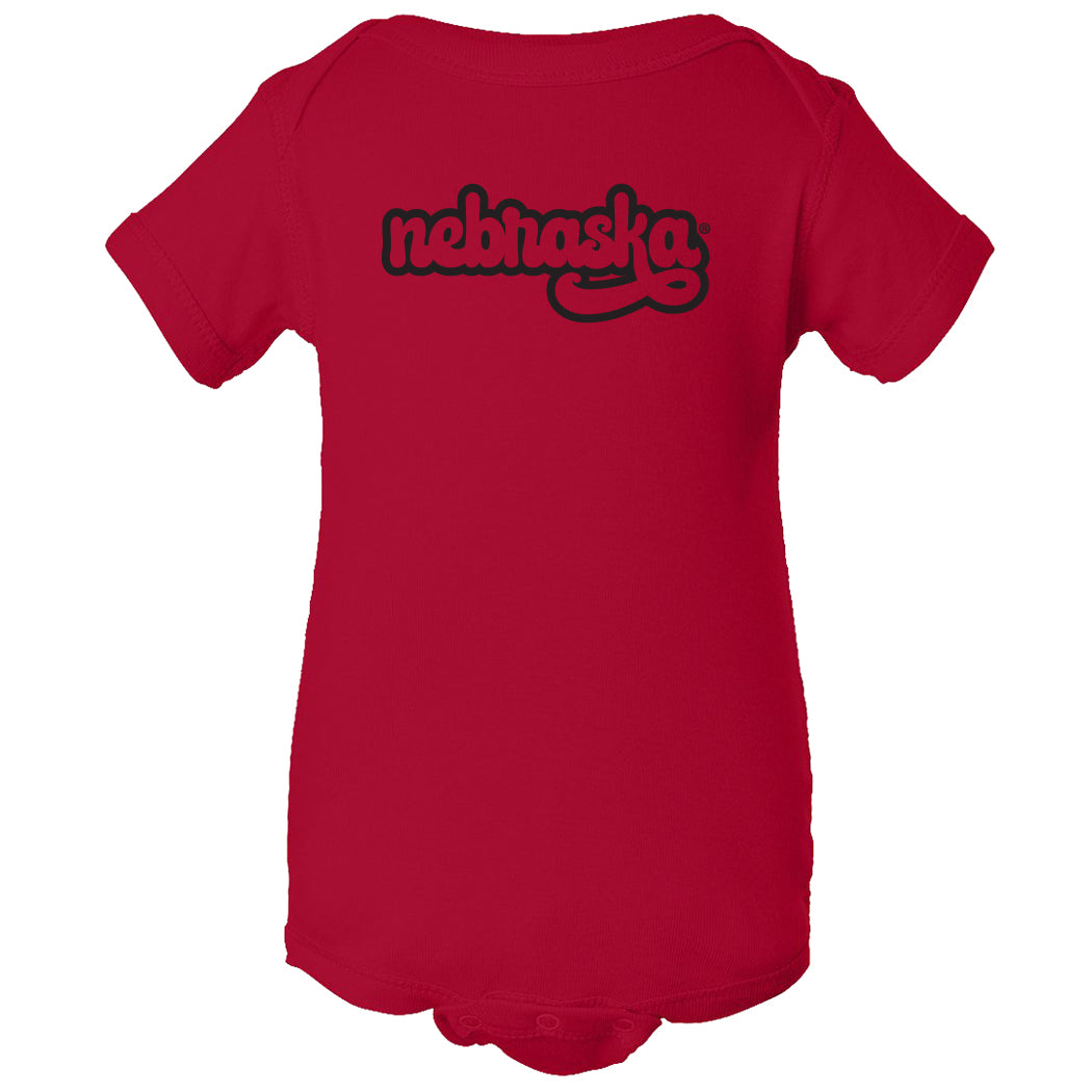 Nebraska Retro Lower Case Infant Onesie on Red