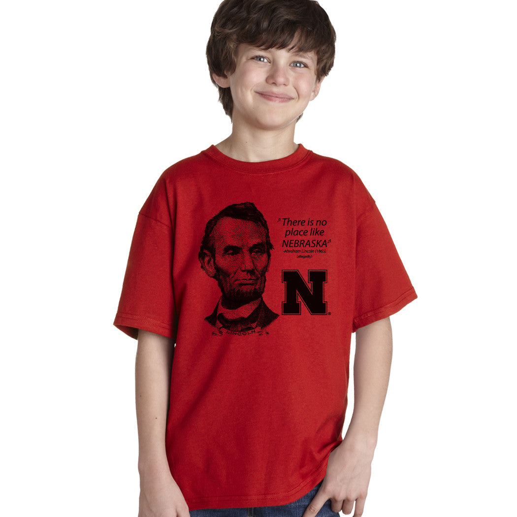 Abe Lincoln "No place like NEBRASKA" Huskers Youth Boys Tee Shirt