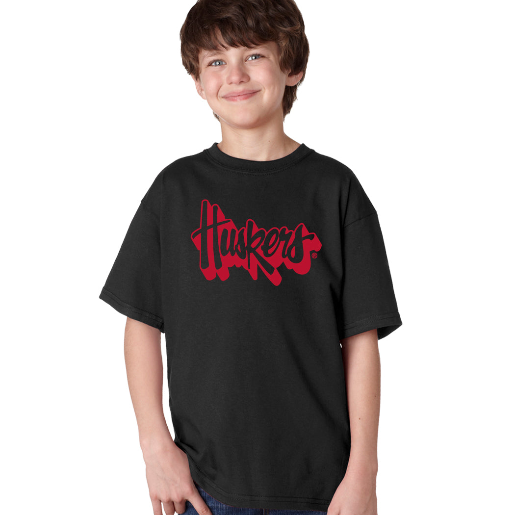 Nebraska Huskers Boys Tee Shirt - Red Script Huskers Outline