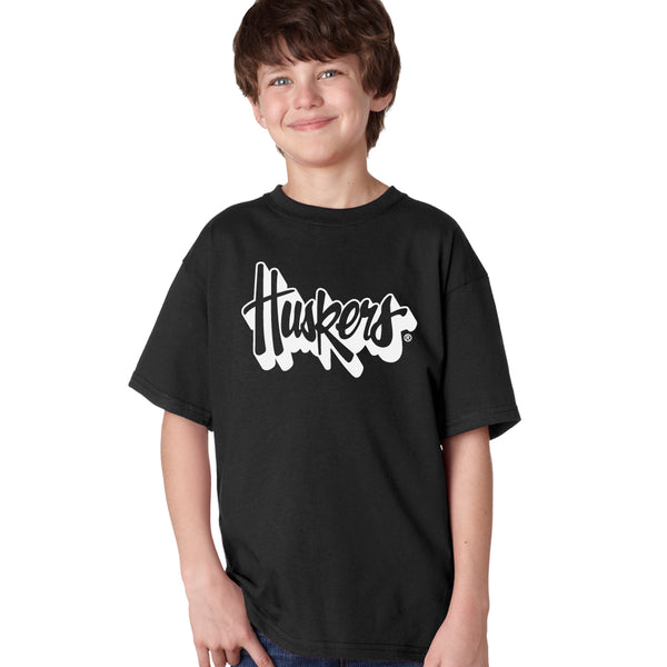 Nebraska Huskers Boys Tee Shirt - White Script Huskers Outline