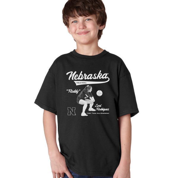 Boy wearing CornBorn Nebraska volleyball tshirt featuring Lexi Rodriguez Roddy NIL design