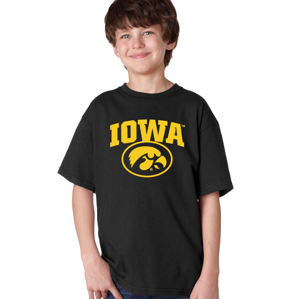 Iowa Hawkeyes Boys Tee Shirt - IOWA Oval Tigerhawk on Black