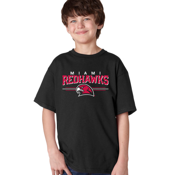 Miami University RedHawks Boys Tee Shirt - Hawk Head 3-Stripe