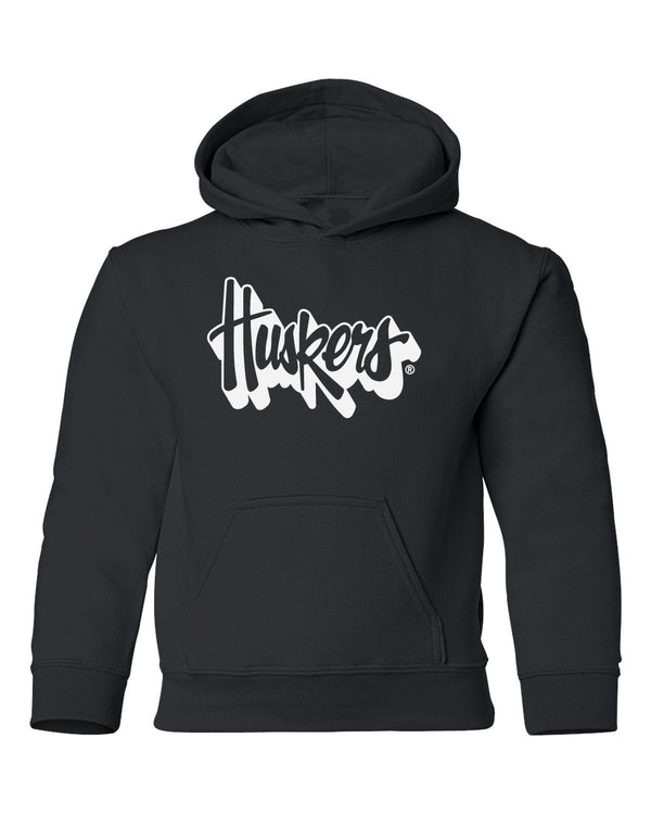 Nebraska Huskers Youth Hooded Sweatshirt - White Script Huskers Outline