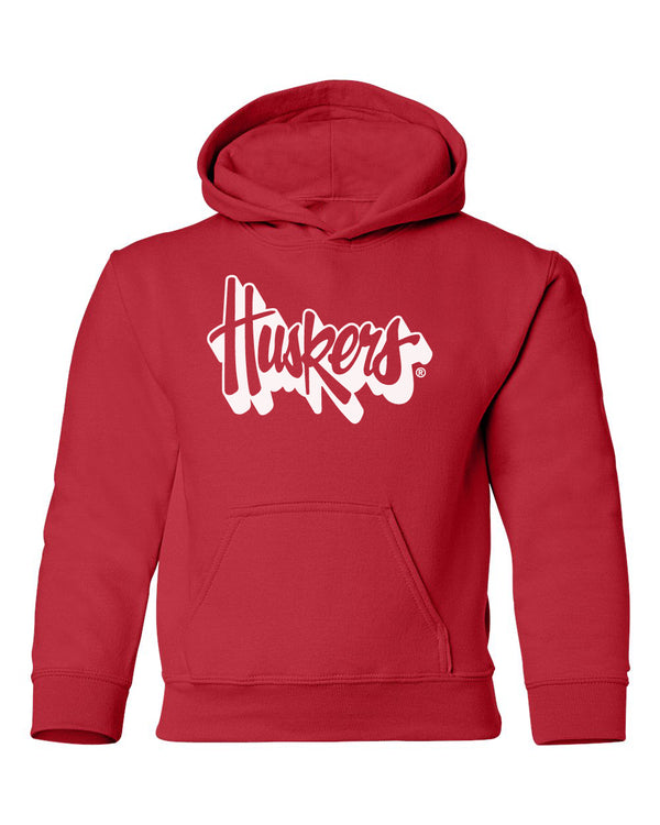 Nebraska Huskers Youth Hooded Sweatshirt - White Script Huskers Outline