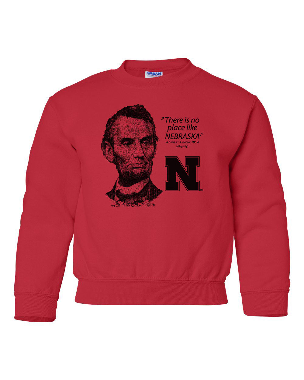Abe Lincoln "No place like NEBRASKA" Huskers Youth Crewneck Sweatshirt