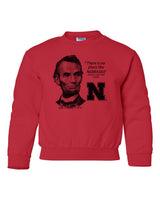 Abe Lincoln "No place like NEBRASKA" Huskers Youth Crewneck Sweatshirt