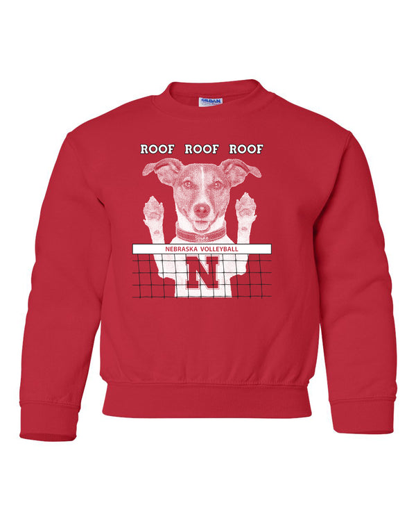 Nebraska Husker Volleyball Spike Dog ROOF ROOF ROOF Youth Crewneck Sweatshirt