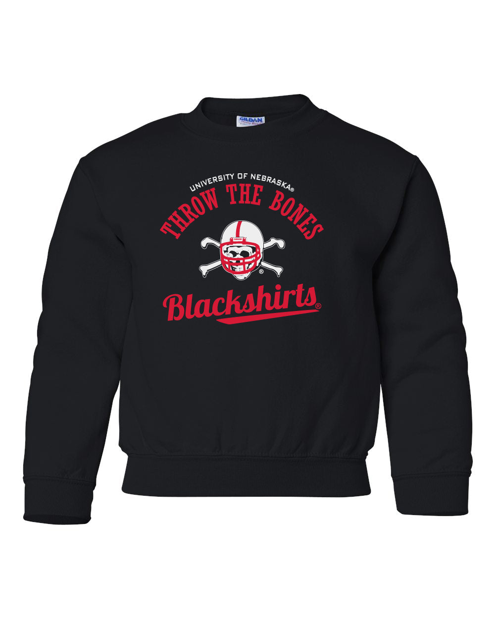 Nebraska Husker Youth Crewneck Sweatshirt - Script Blackshirts THROW THE BONES