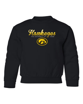Iowa Hawkeyes Youth Crewneck Sweatshirt - Script Hawkeyes Full Color Fade Oval Tigerhawk