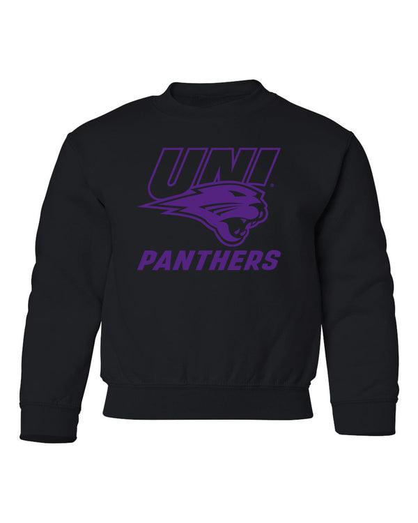 Northern Iowa Panthers Youth Crewneck Sweatshirt - Purple UNI Panthers Logo on Black