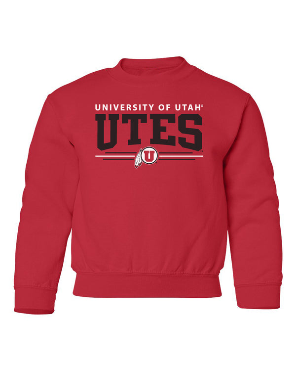 Utah Utes Youth Crewneck Sweatshirt - Arch UTES 3 Stripe Logo
