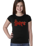 Nebraska Cornhuskers Legacy Script Glitter "Huskers" Youth Girls Tee Shirt