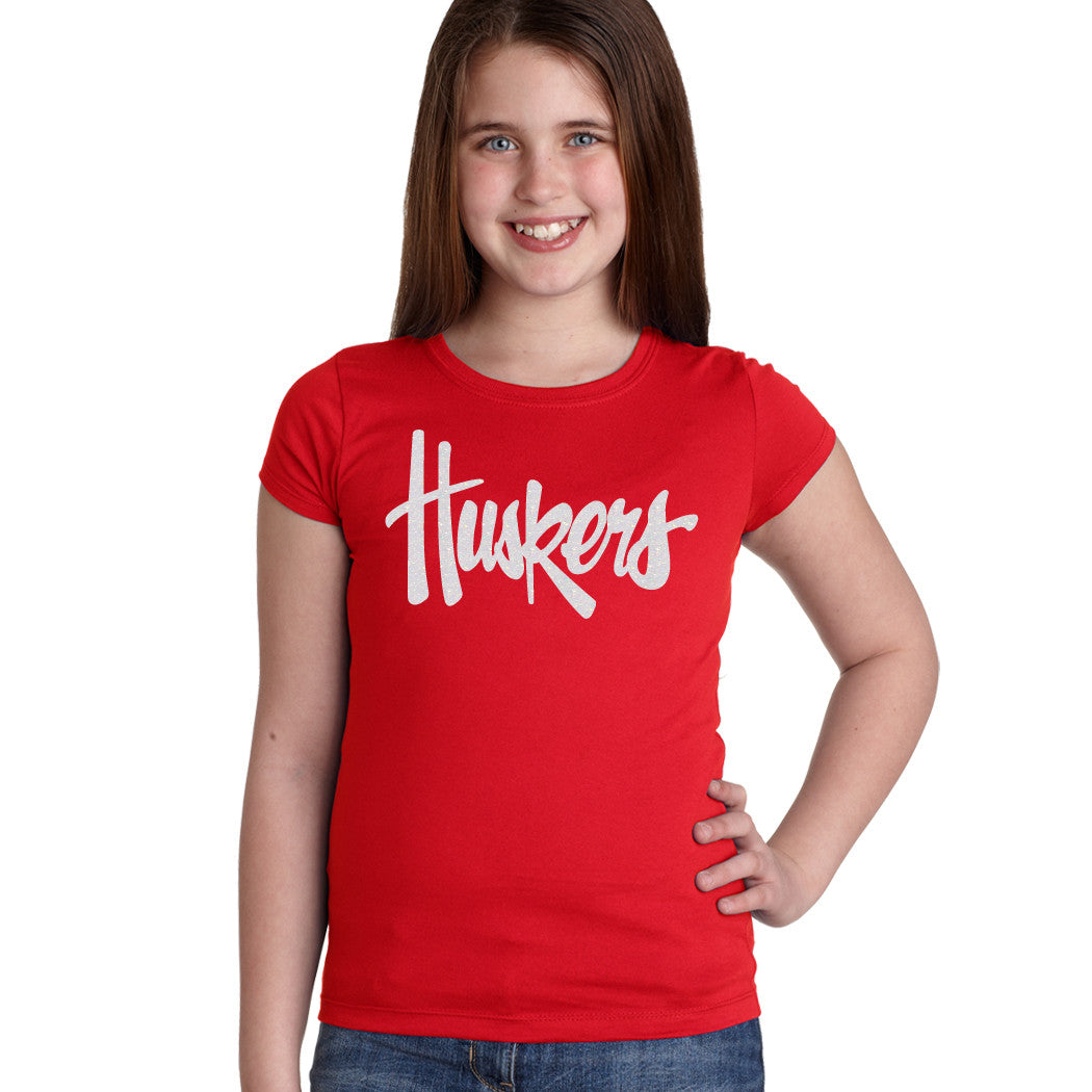 Nebraska Legacy Script Glitter "Huskers" Youth Girls Tee Shirt