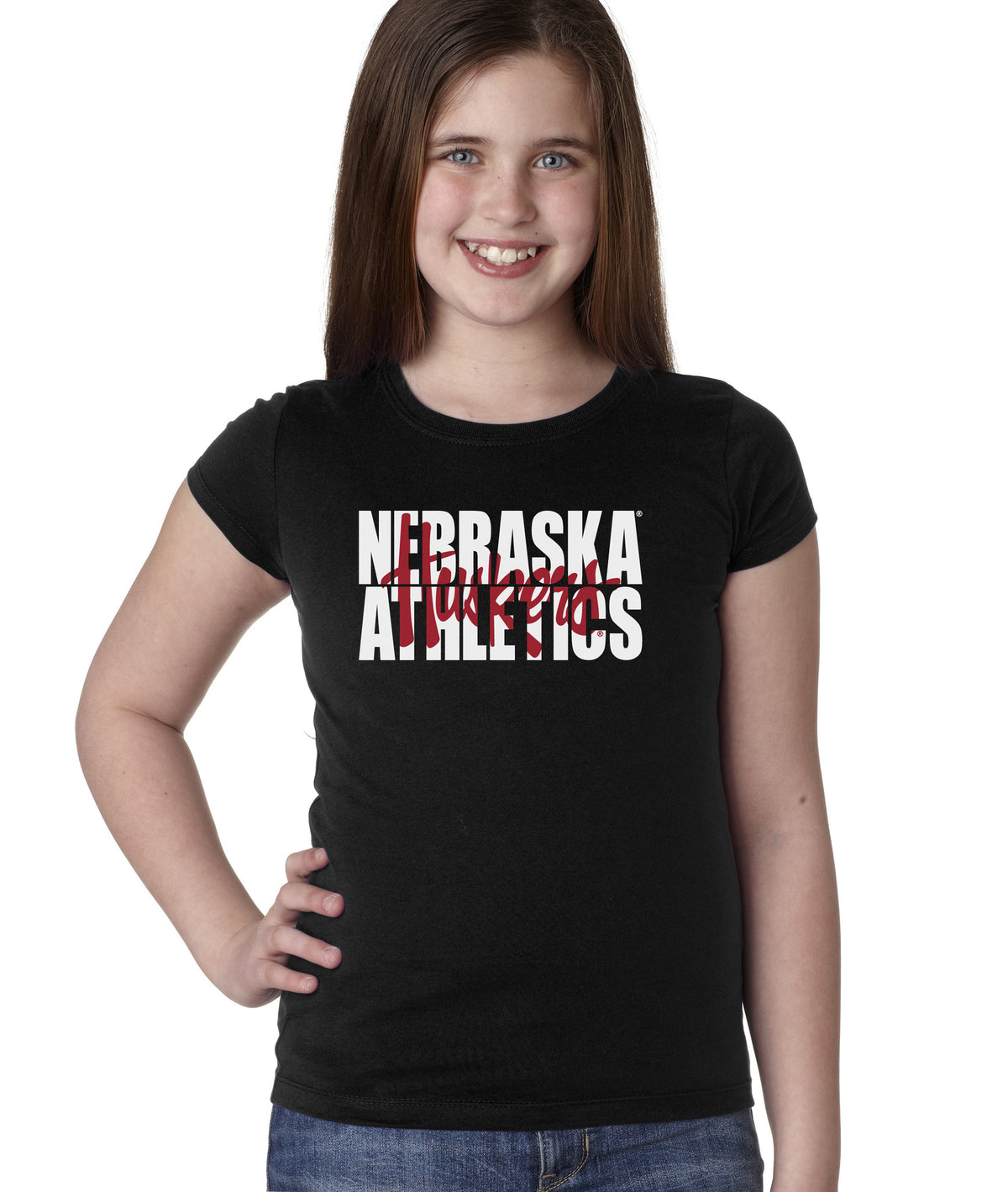 Nebraska Athletics Legacy Script "Huskers" Youth Girls Tee Shirt-Black-XL