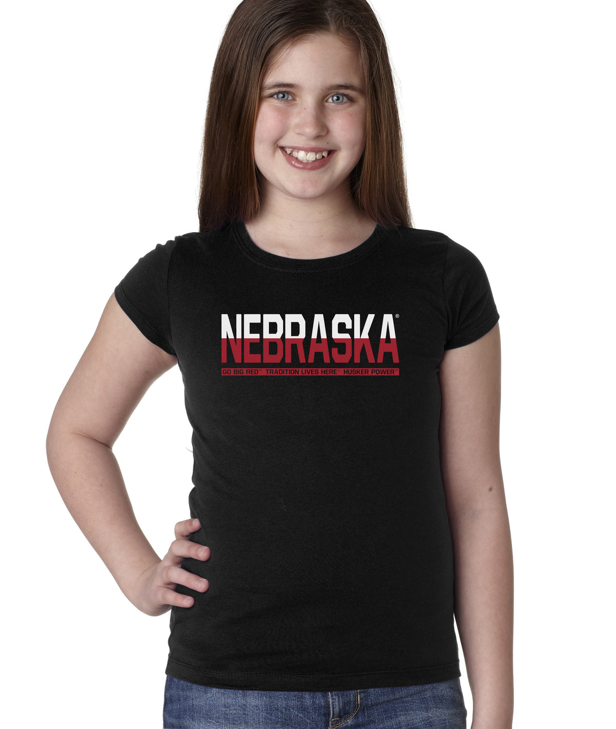 Nebraska Cornhuskers ½ & ½ "NEBRASKA" Youth Girls Tee Shirt-Black-XL