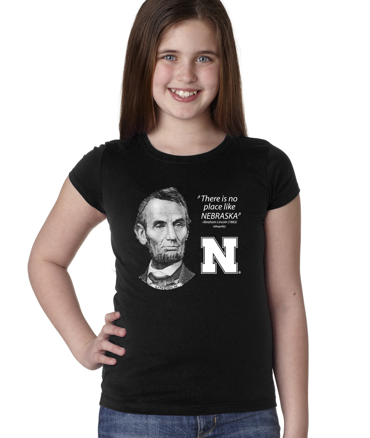 Abe Lincoln "No place like NEBRASKA" Huskers Youth Girls Tee Shirt